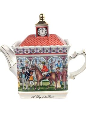 #1813** VintageA Day at the Races Decor Teapot - Red Roof, Multicolor Scene